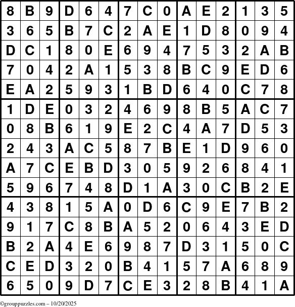 The grouppuzzles.com Answer grid for the Sudoku-15up puzzle for Monday October 20, 2025