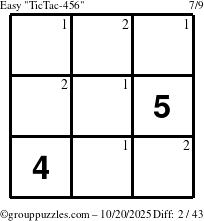 The grouppuzzles.com Easy TicTac-456 puzzle for Monday October 20, 2025 with the first 2 steps marked