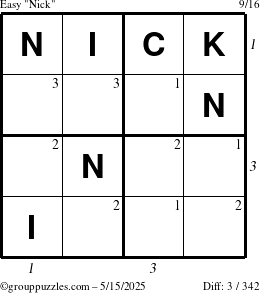 The grouppuzzles.com Easy Nick puzzle for Thursday May 15, 2025 with all 3 steps marked