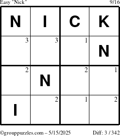 The grouppuzzles.com Easy Nick puzzle for Thursday May 15, 2025 with the first 3 steps marked