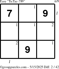 The grouppuzzles.com Easy TicTac-789 puzzle for Thursday May 15, 2025 with all 2 steps marked