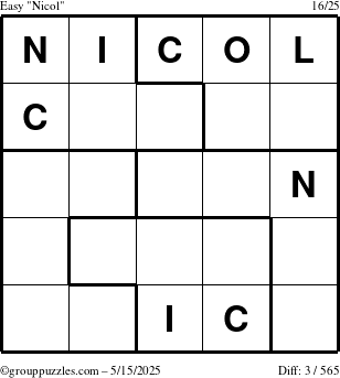 The grouppuzzles.com Easy Nicol puzzle for Thursday May 15, 2025