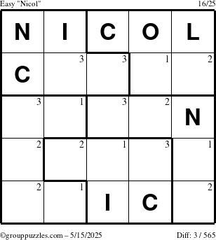 The grouppuzzles.com Easy Nicol puzzle for Thursday May 15, 2025 with the first 3 steps marked