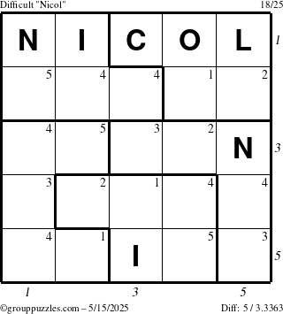The grouppuzzles.com Difficult Nicol puzzle for Thursday May 15, 2025, suitable for printing, with all 5 steps marked