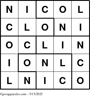 The grouppuzzles.com Answer grid for the Nicol puzzle for Thursday May 15, 2025