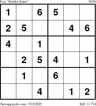 The grouppuzzles.com Easy Sudoku-Junior puzzle for Thursday May 15, 2025