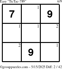 The grouppuzzles.com Easy TicTac-789 puzzle for Thursday May 15, 2025 with the first 2 steps marked