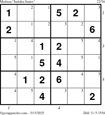 The grouppuzzles.com Medium Sudoku-Junior puzzle for Thursday May 15, 2025, suitable for printing, with all 5 steps marked