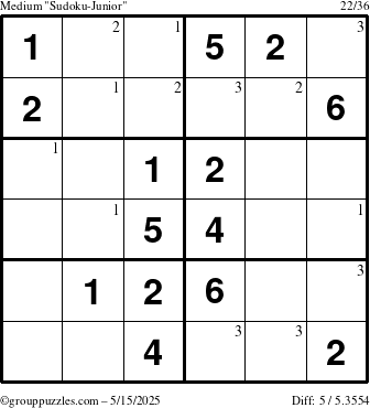The grouppuzzles.com Medium Sudoku-Junior puzzle for Thursday May 15, 2025 with the first 3 steps marked