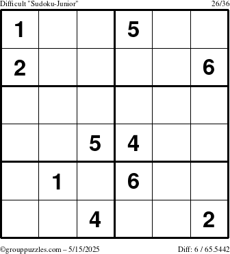 The grouppuzzles.com Difficult Sudoku-Junior puzzle for Thursday May 15, 2025