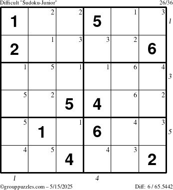 The grouppuzzles.com Difficult Sudoku-Junior puzzle for Thursday May 15, 2025 with all 6 steps marked