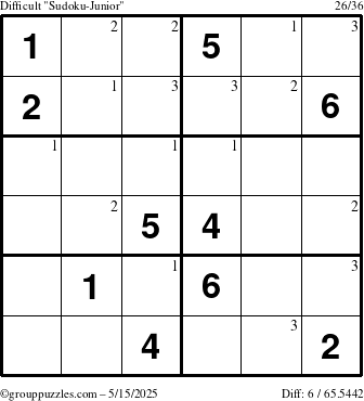The grouppuzzles.com Difficult Sudoku-Junior puzzle for Thursday May 15, 2025 with the first 3 steps marked
