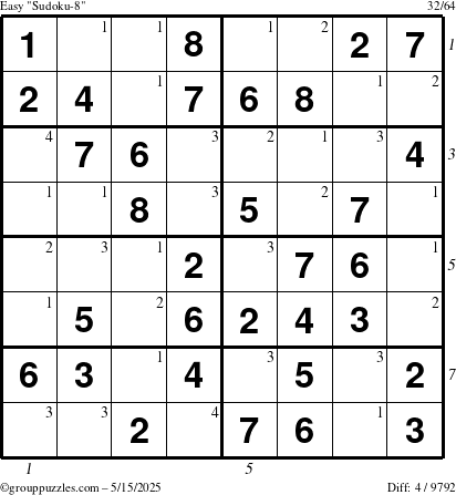 The grouppuzzles.com Easy Sudoku-8 puzzle for Thursday May 15, 2025 with all 4 steps marked