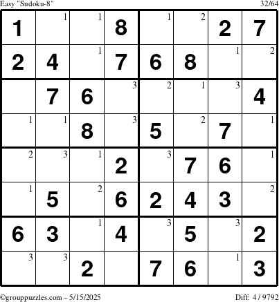The grouppuzzles.com Easy Sudoku-8 puzzle for Thursday May 15, 2025 with the first 3 steps marked