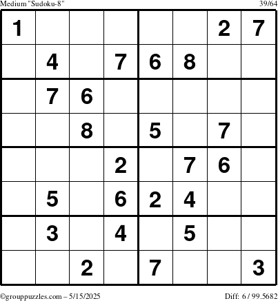 The grouppuzzles.com Medium Sudoku-8 puzzle for Thursday May 15, 2025