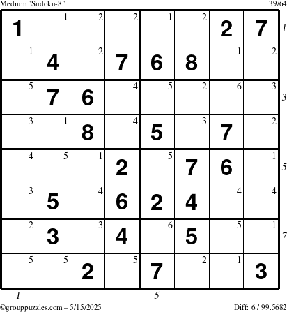 The grouppuzzles.com Medium Sudoku-8 puzzle for Thursday May 15, 2025 with all 6 steps marked
