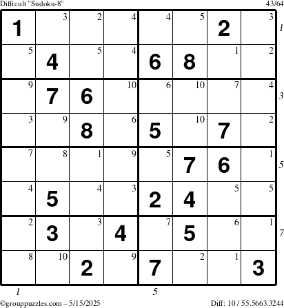 The grouppuzzles.com Difficult Sudoku-8 puzzle for Thursday May 15, 2025 with all 10 steps marked