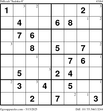 The grouppuzzles.com Difficult Sudoku-8 puzzle for Thursday May 15, 2025 with the first 3 steps marked