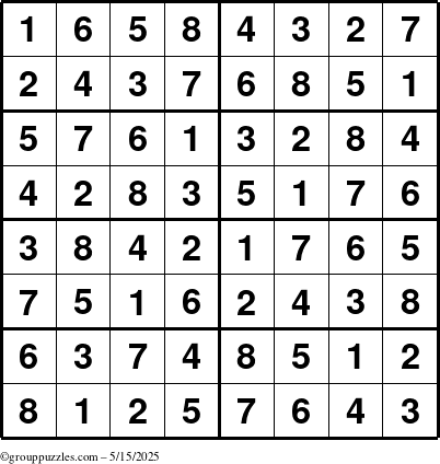 The grouppuzzles.com Answer grid for the Sudoku-8 puzzle for Thursday May 15, 2025