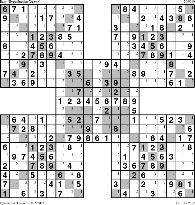 The grouppuzzles.com Easy cover-HyperXtreme puzzle for Thursday May 15, 2025 with the first 3 steps marked