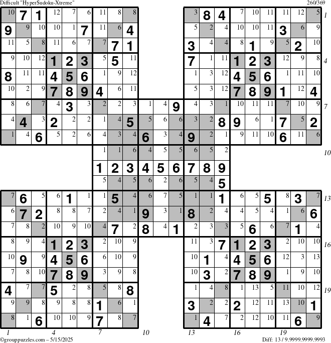 The grouppuzzles.com Difficult cover-HyperXtreme puzzle for Thursday May 15, 2025 with all 13 steps marked