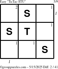 The grouppuzzles.com Easy TicTac-STU puzzle for Thursday May 15, 2025 with all 2 steps marked