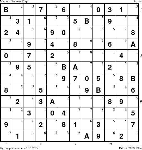 The grouppuzzles.com Medium Sudoku-12up puzzle for Thursday May 15, 2025 with all 8 steps marked