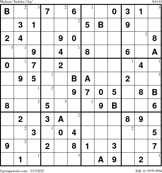 The grouppuzzles.com Medium Sudoku-12up puzzle for Thursday May 15, 2025 with the first 3 steps marked