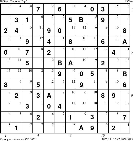 The grouppuzzles.com Difficult Sudoku-12up puzzle for Thursday May 15, 2025 with all 13 steps marked