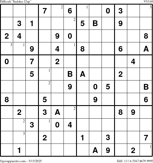 The grouppuzzles.com Difficult Sudoku-12up puzzle for Thursday May 15, 2025 with the first 3 steps marked