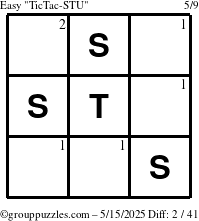 The grouppuzzles.com Easy TicTac-STU puzzle for Thursday May 15, 2025 with the first 2 steps marked