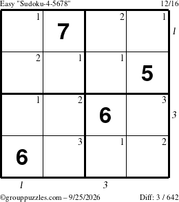 The grouppuzzles.com Easy Sudoku-4-5678 puzzle for Friday September 25, 2026, suitable for printing, with all 3 steps marked