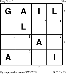 The grouppuzzles.com Easy Gail puzzle for Friday September 25, 2026 with all 2 steps marked