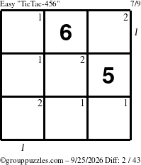 The grouppuzzles.com Easy TicTac-456 puzzle for Friday September 25, 2026 with all 2 steps marked