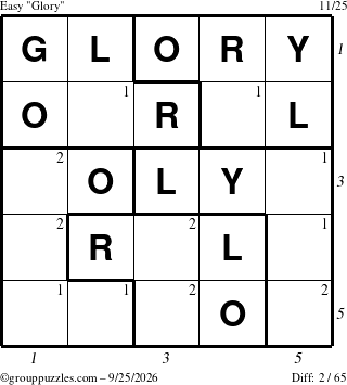 The grouppuzzles.com Easy Glory puzzle for Friday September 25, 2026, suitable for printing, with all 2 steps marked