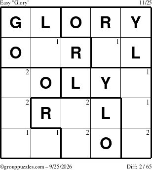The grouppuzzles.com Easy Glory puzzle for Friday September 25, 2026 with the first 2 steps marked
