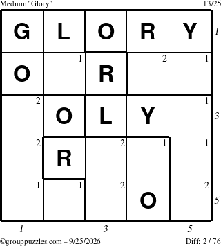The grouppuzzles.com Medium Glory puzzle for Friday September 25, 2026, suitable for printing, with all 2 steps marked