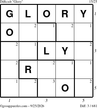 The grouppuzzles.com Difficult Glory puzzle for Friday September 25, 2026, suitable for printing, with all 3 steps marked