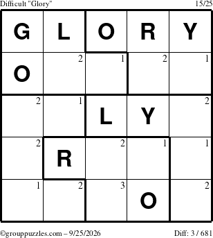 The grouppuzzles.com Difficult Glory puzzle for Friday September 25, 2026 with the first 3 steps marked