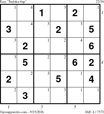 The grouppuzzles.com Easy Sudoku-6up puzzle for Friday September 25, 2026, suitable for printing, with all 4 steps marked