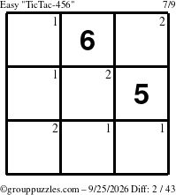 The grouppuzzles.com Easy TicTac-456 puzzle for Friday September 25, 2026 with the first 2 steps marked