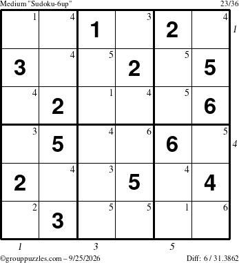 The grouppuzzles.com Medium Sudoku-6up puzzle for Friday September 25, 2026, suitable for printing, with all 6 steps marked