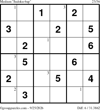 The grouppuzzles.com Medium Sudoku-6up puzzle for Friday September 25, 2026 with the first 3 steps marked
