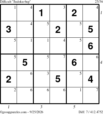 The grouppuzzles.com Difficult Sudoku-6up puzzle for Friday September 25, 2026 with all 7 steps marked