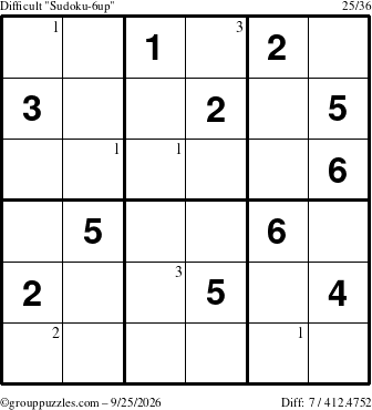 The grouppuzzles.com Difficult Sudoku-6up puzzle for Friday September 25, 2026 with the first 3 steps marked