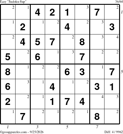 The grouppuzzles.com Easy Sudoku-8up puzzle for Friday September 25, 2026 with all 4 steps marked