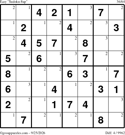 The grouppuzzles.com Easy Sudoku-8up puzzle for Friday September 25, 2026 with the first 3 steps marked