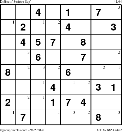 The grouppuzzles.com Difficult Sudoku-8up puzzle for Friday September 25, 2026 with the first 3 steps marked