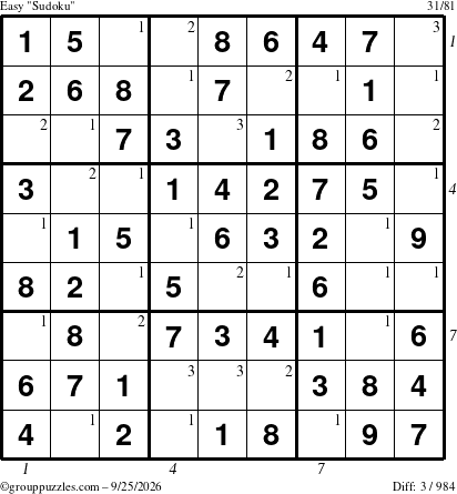 The grouppuzzles.com Easy Sudoku puzzle for Friday September 25, 2026 with all 3 steps marked