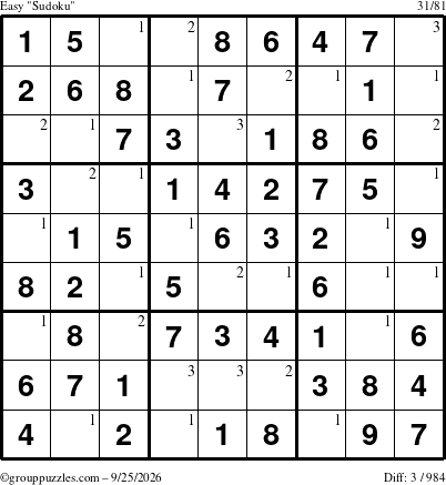 The grouppuzzles.com Easy Sudoku puzzle for Friday September 25, 2026 with the first 3 steps marked